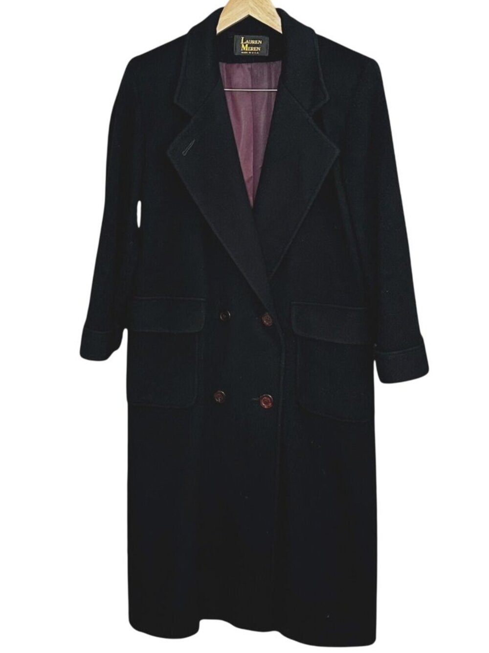 Vintage Lauren Meren Black Wool Pea Coat Full Length Size Medium Made in USA 80s